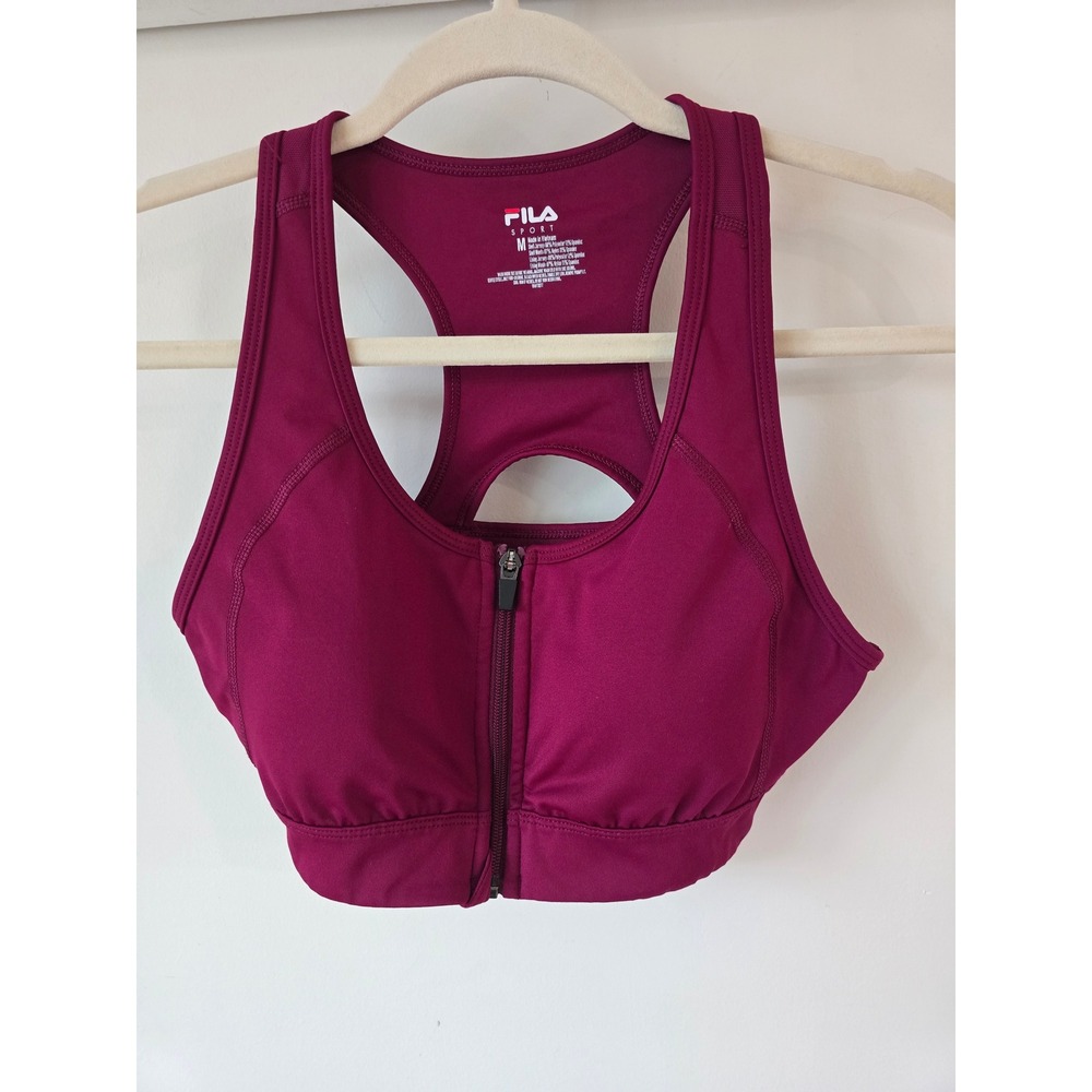 Fila Sport Women Burgundy Front Zip Racerback Sports Bra Medium High Impact
